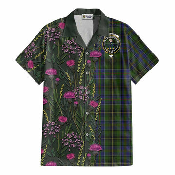 MacInnes (McInnes) Family Crest Tartan Cotton Hawaiian Shirt Scottish Thistle Flower Pattern Half Style - Tartan Vibes Clothing