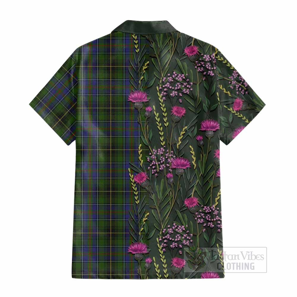 MacInnes (McInnes) Family Crest Tartan Cotton Hawaiian Shirt Scottish Thistle Flower Pattern Half Style - Tartan Vibes Clothing