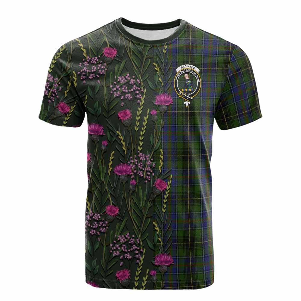 MacInnes (McInnes) Family Crest Tartan Cotton T-shirt Scottish Thistle Flower Pattern Half Style - Tartan Vibes Clothing