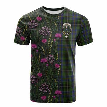 MacInnes (McInnes) Family Crest Tartan Cotton T-shirt Scottish Thistle Flower Pattern Half Style