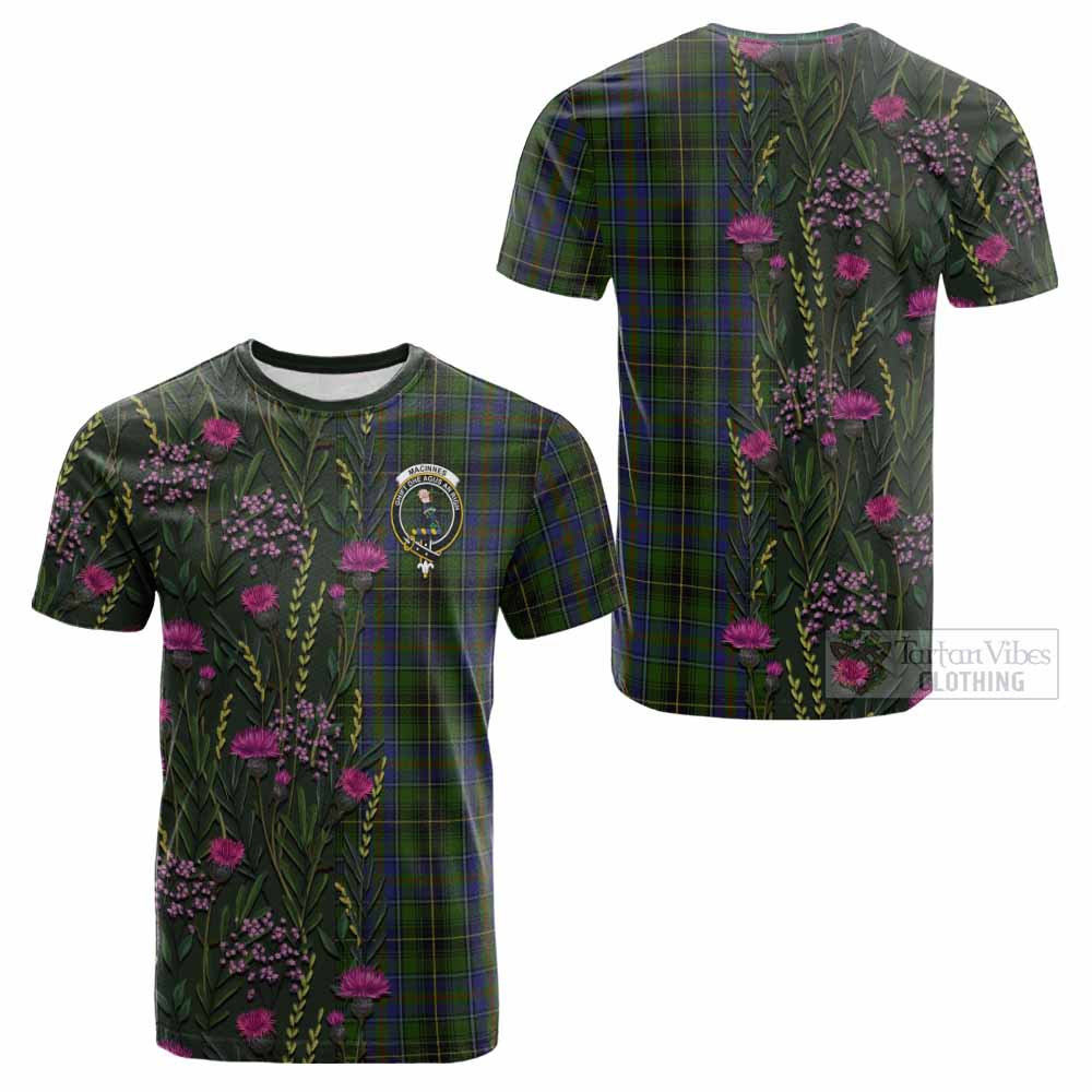 MacInnes (McInnes) Family Crest Tartan Cotton T-shirt Scottish Thistle Flower Pattern Half Style - Tartan Vibes Clothing