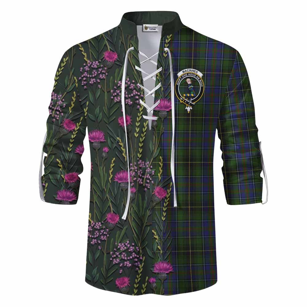 MacInnes (McInnes) Family Crest Tartan Ghillie Shirt Scottish Thistle Flower Pattern Half Style - Tartan Vibes Clothing