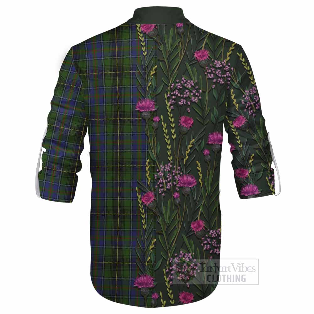 MacInnes (McInnes) Family Crest Tartan Ghillie Shirt Scottish Thistle Flower Pattern Half Style - Tartan Vibes Clothing