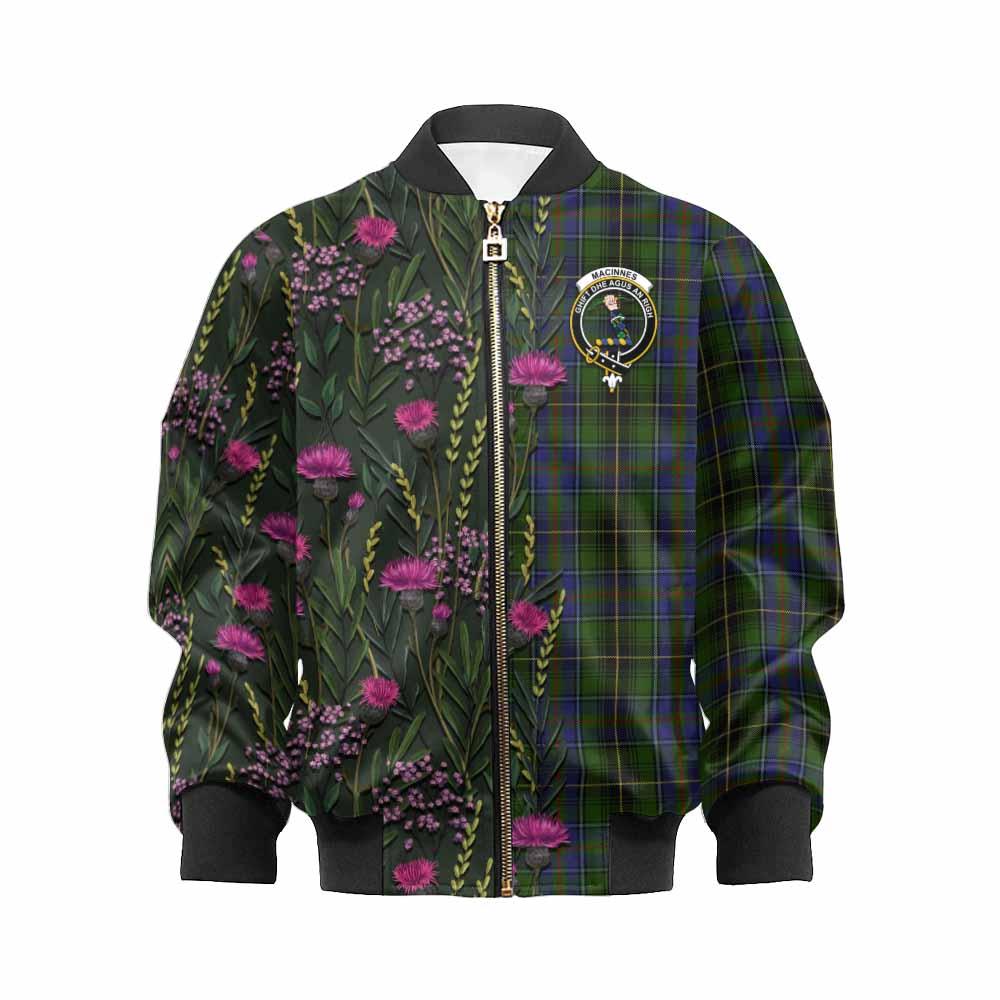 MacInnes (McInnes) Family Crest Tartan Kid Bomber Jacket Scottish Thistle Flower Pattern Half Style - Tartan Vibes Clothing