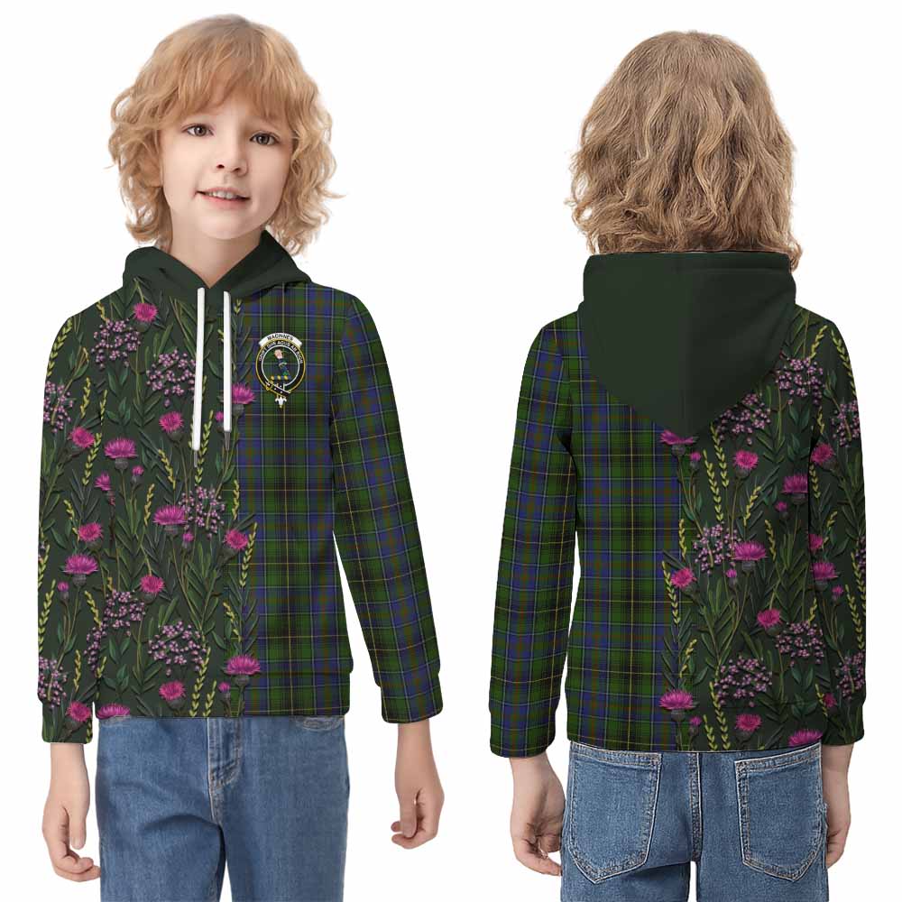 MacInnes (McInnes) Family Crest Tartan Kid Hoodie Scottish Thistle Flower Pattern Half Style - Tartan Vibes Clothing