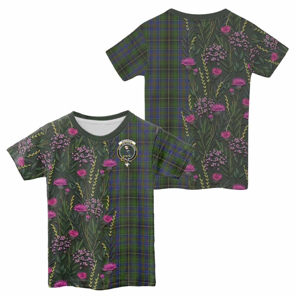 MacInnes (McInnes) Family Crest Tartan Kid T-shirt Scottish Thistle Flower Pattern Half Style - Tartan Vibes Clothing
