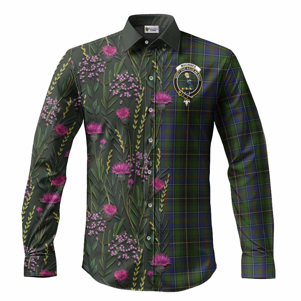 MacInnes (McInnes) Family Crest Tartan Long Sleeve Button Shirts Scottish Thistle Flower Pattern Half Style - Tartan Vibes Clothing
