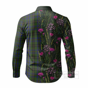MacInnes (McInnes) Family Crest Tartan Long Sleeve Button Shirts Scottish Thistle Flower Pattern Half Style