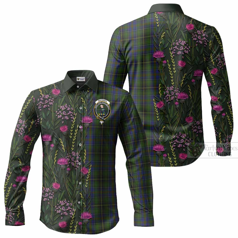 MacInnes (McInnes) Family Crest Tartan Long Sleeve Button Shirts Scottish Thistle Flower Pattern Half Style - Tartan Vibes Clothing