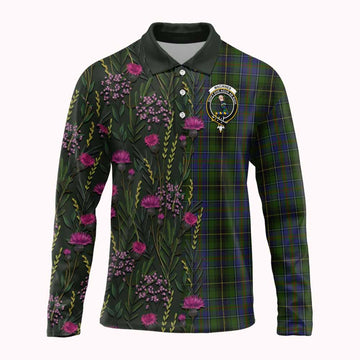 MacInnes (McInnes) Family Crest Tartan Long Sleeve Polo Shirt Scottish Thistle Flower Pattern Half Style