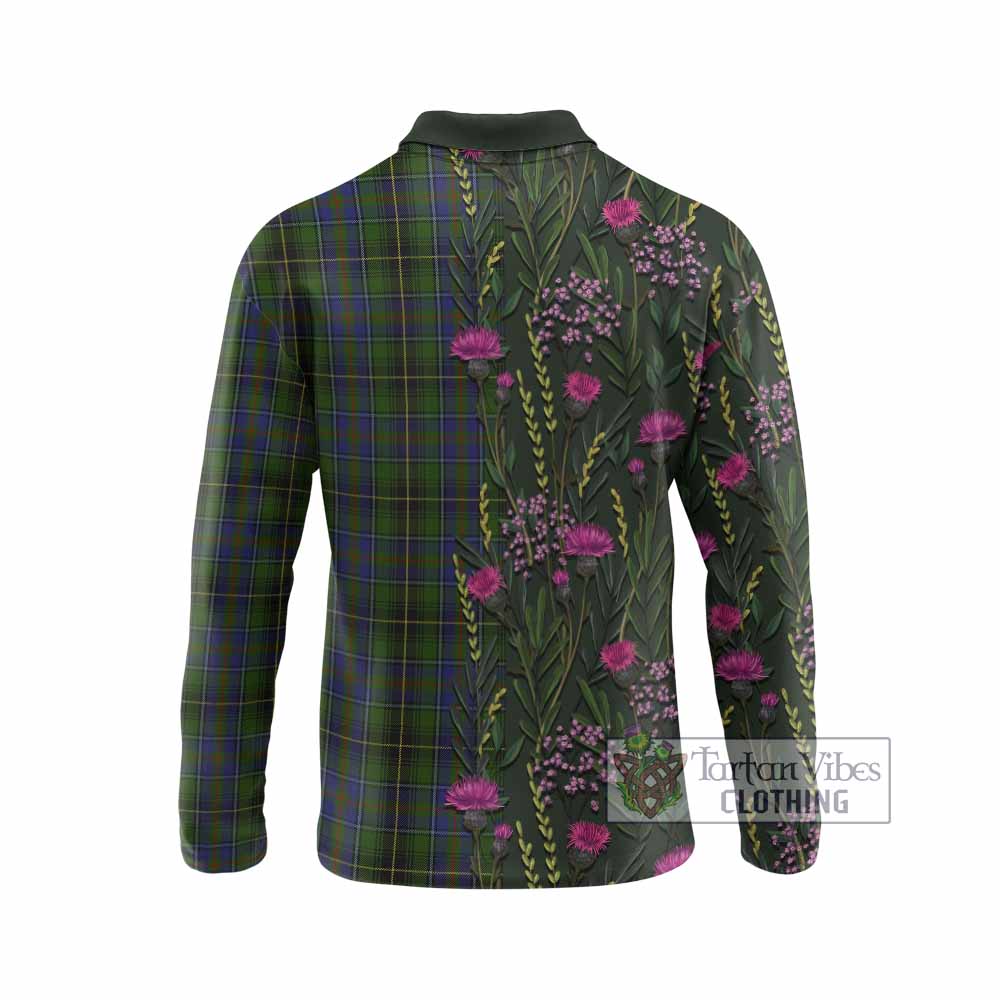 MacInnes (McInnes) Family Crest Tartan Long Sleeve Polo Shirt Scottish Thistle Flower Pattern Half Style - Tartan Vibes Clothing