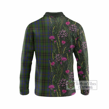 MacInnes (McInnes) Family Crest Tartan Long Sleeve Polo Shirt Scottish Thistle Flower Pattern Half Style