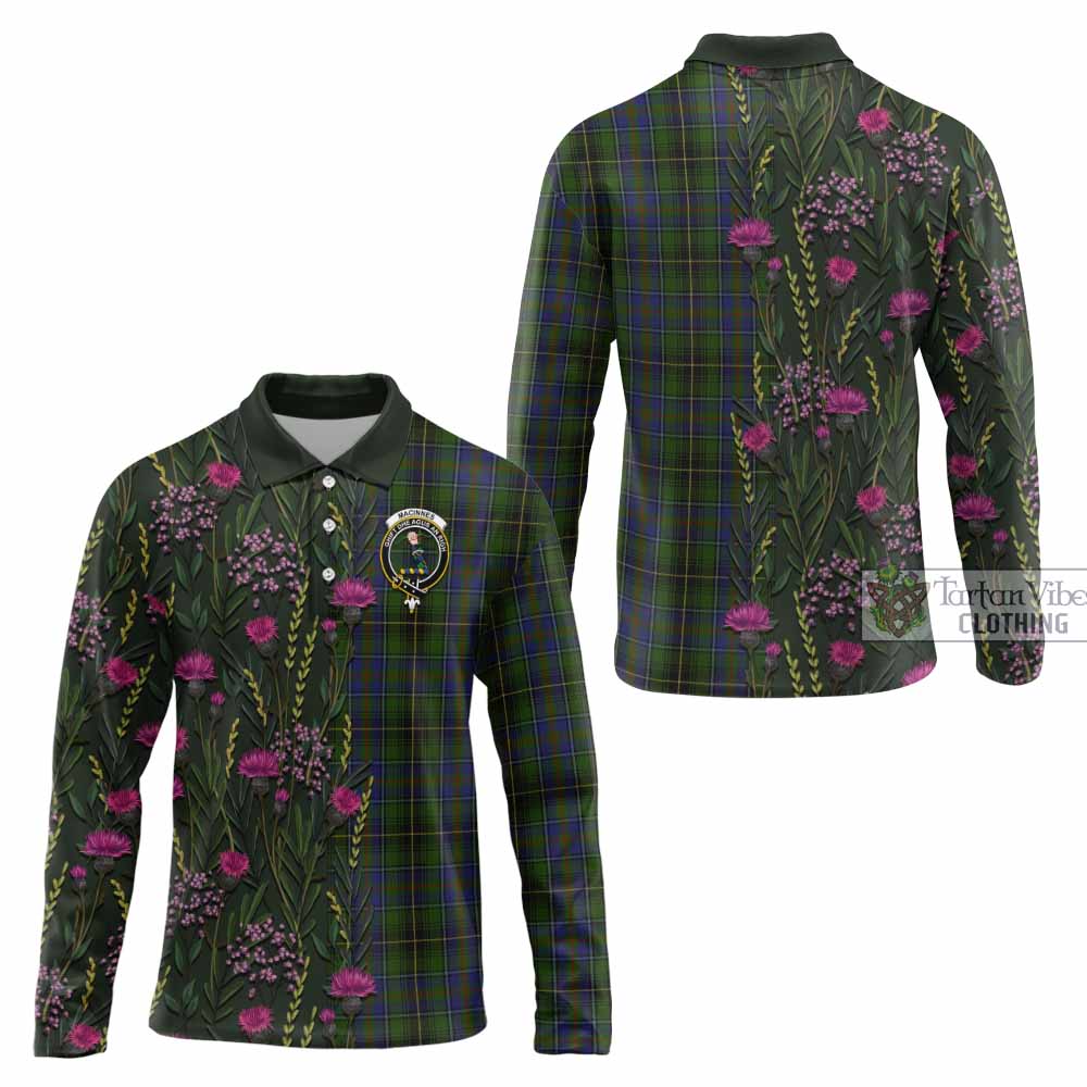 MacInnes (McInnes) Family Crest Tartan Long Sleeve Polo Shirt Scottish Thistle Flower Pattern Half Style - Tartan Vibes Clothing