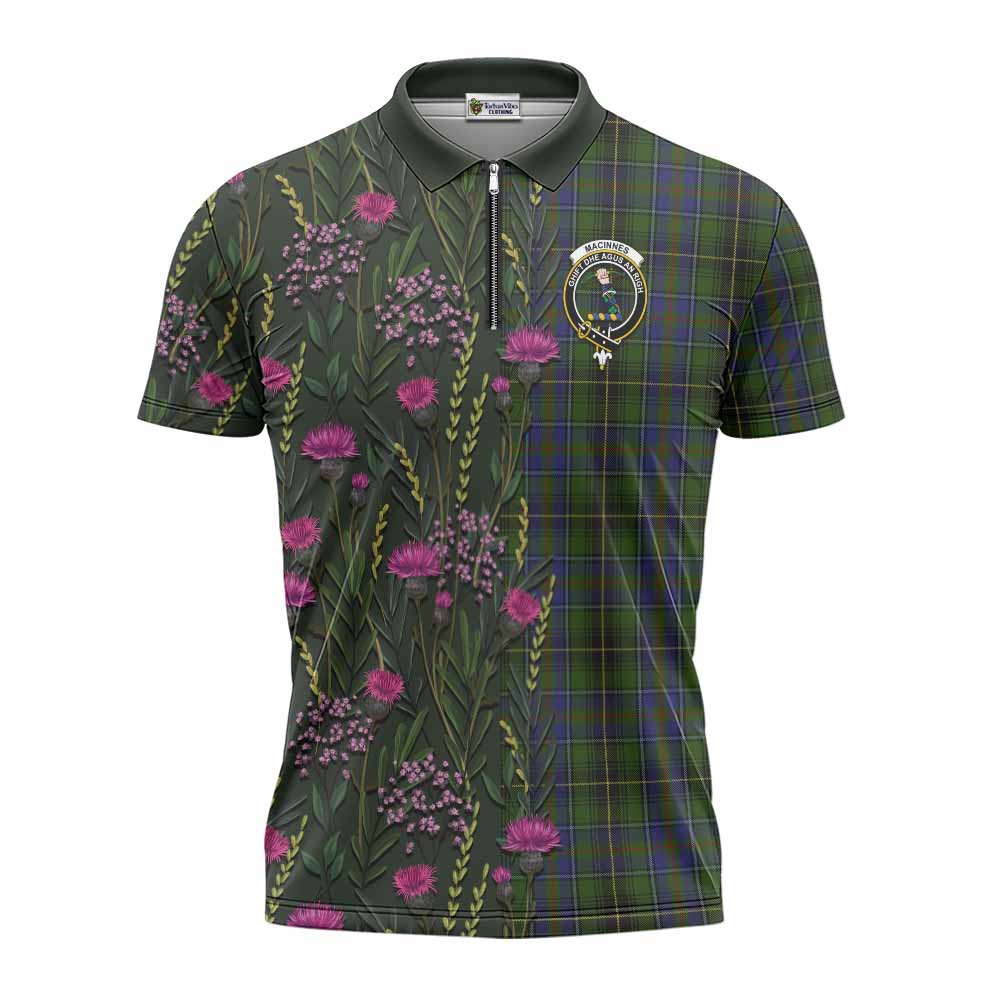 MacInnes (McInnes) Family Crest Tartan Zipper Polo Shirt Scottish Thistle Flower Pattern Half Style - Tartan Vibes Clothing