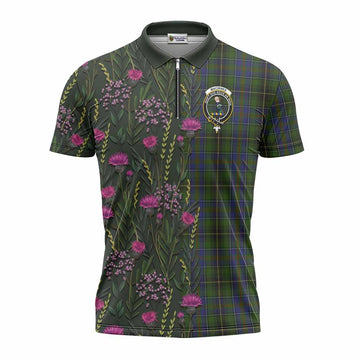 MacInnes (McInnes) Family Crest Tartan Zipper Polo Shirt Scottish Thistle Flower Pattern Half Style