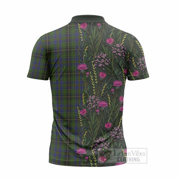MacInnes (McInnes) Family Crest Tartan Zipper Polo Shirt Scottish Thistle Flower Pattern Half Style