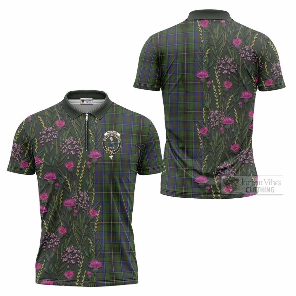 MacInnes (McInnes) Family Crest Tartan Zipper Polo Shirt Scottish Thistle Flower Pattern Half Style - Tartan Vibes Clothing