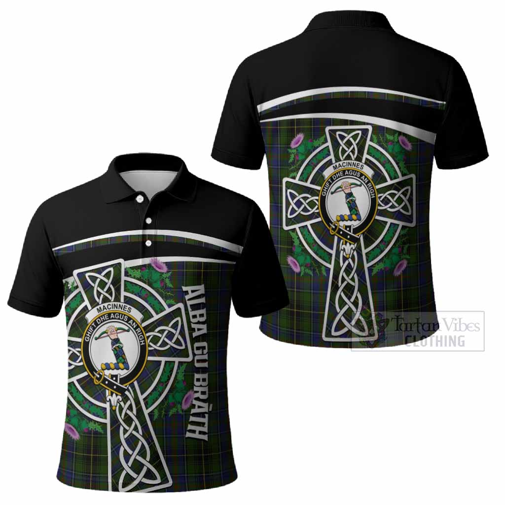 MacInnes (McInnes) Tartan Crest Polo Shirt Scottish Thistle Celtic Cross Alba Gu Brath