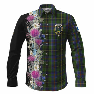 MacInnes (McInnes) Tartan Crest Thistle Floral Long Sleeve Button Shirts Men's Shirt S - Tartan Vibes Clothing