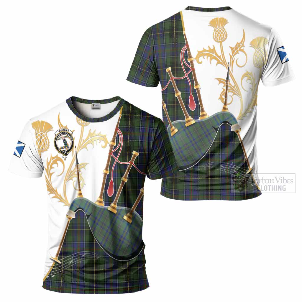 MacInnes (McInnes) Tartan Family Crest T-Shirt Bagpipes with Scottish Thistle