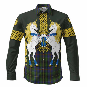 MacInnes (McInnes) Tartan Long Sleeve Button Shirts Unicorn Celtic Knot And Thistle Emblem
