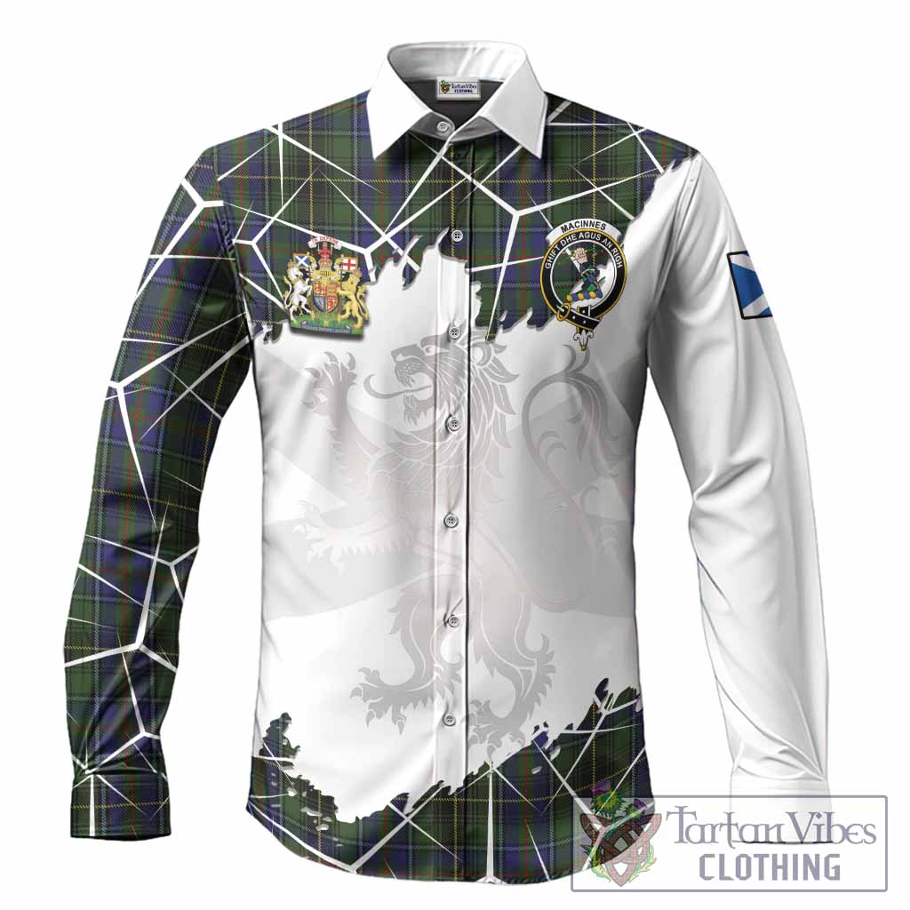 MacInnes (McInnes) Tartan Long Sleeve Button Shirts with Family Crest and Lion Rampant Grunge Style