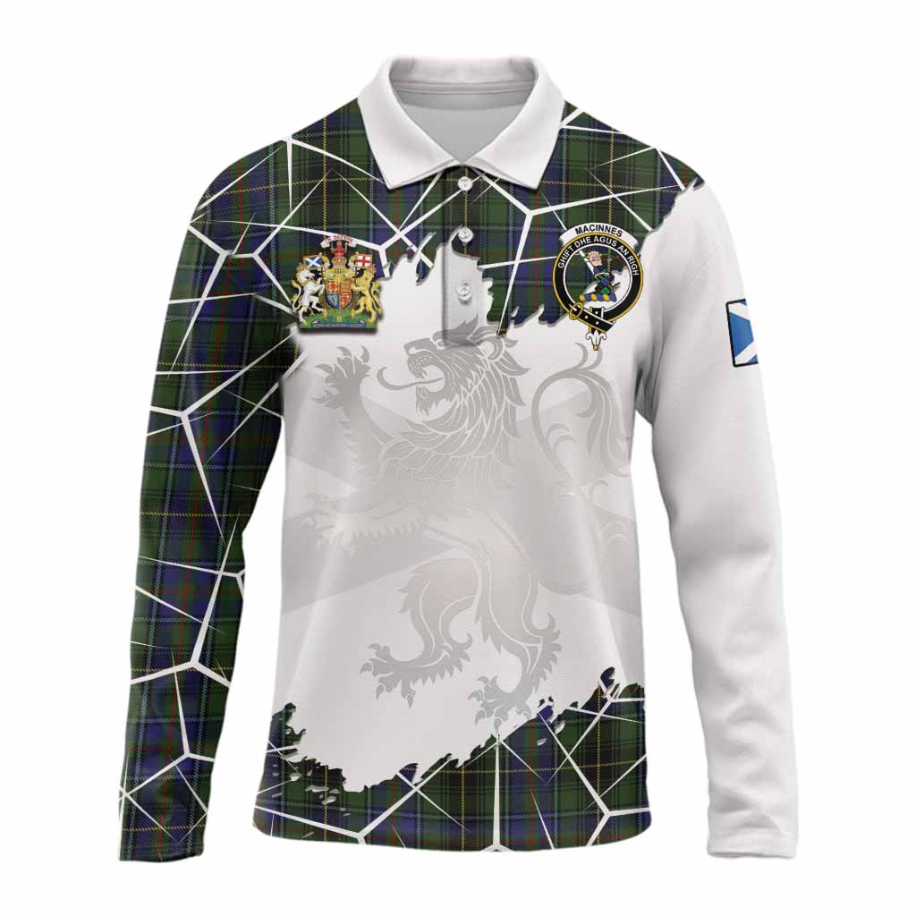MacInnes (McInnes) Tartan Long Sleeve Polo Shirt with Family Crest and Lion Rampant Grunge Style