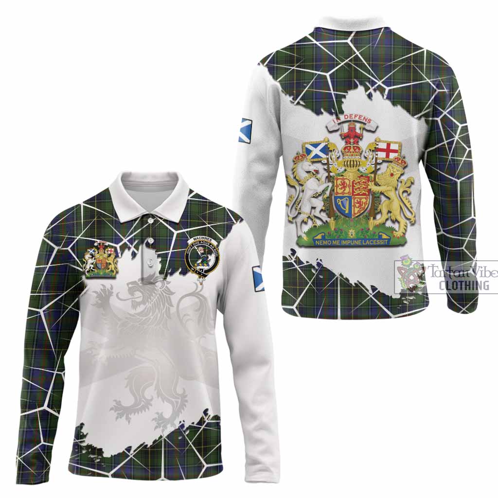 MacInnes (McInnes) Tartan Long Sleeve Polo Shirt with Family Crest and Lion Rampant Grunge Style