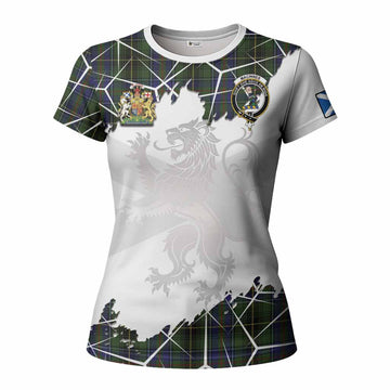 MacInnes (McInnes) Tartan Women T shirt with Family Crest and Lion Rampant Grunge Style