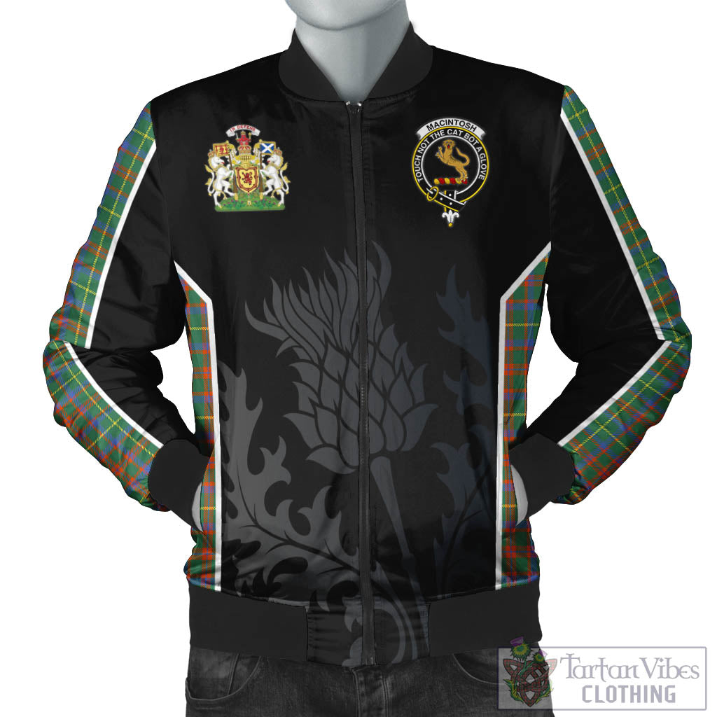 Tartan Vibes Clothing MacIntosh Hunting Ancient Tartan Bomber Jacket with Family Crest and Scottish Thistle Vibes Sport Style