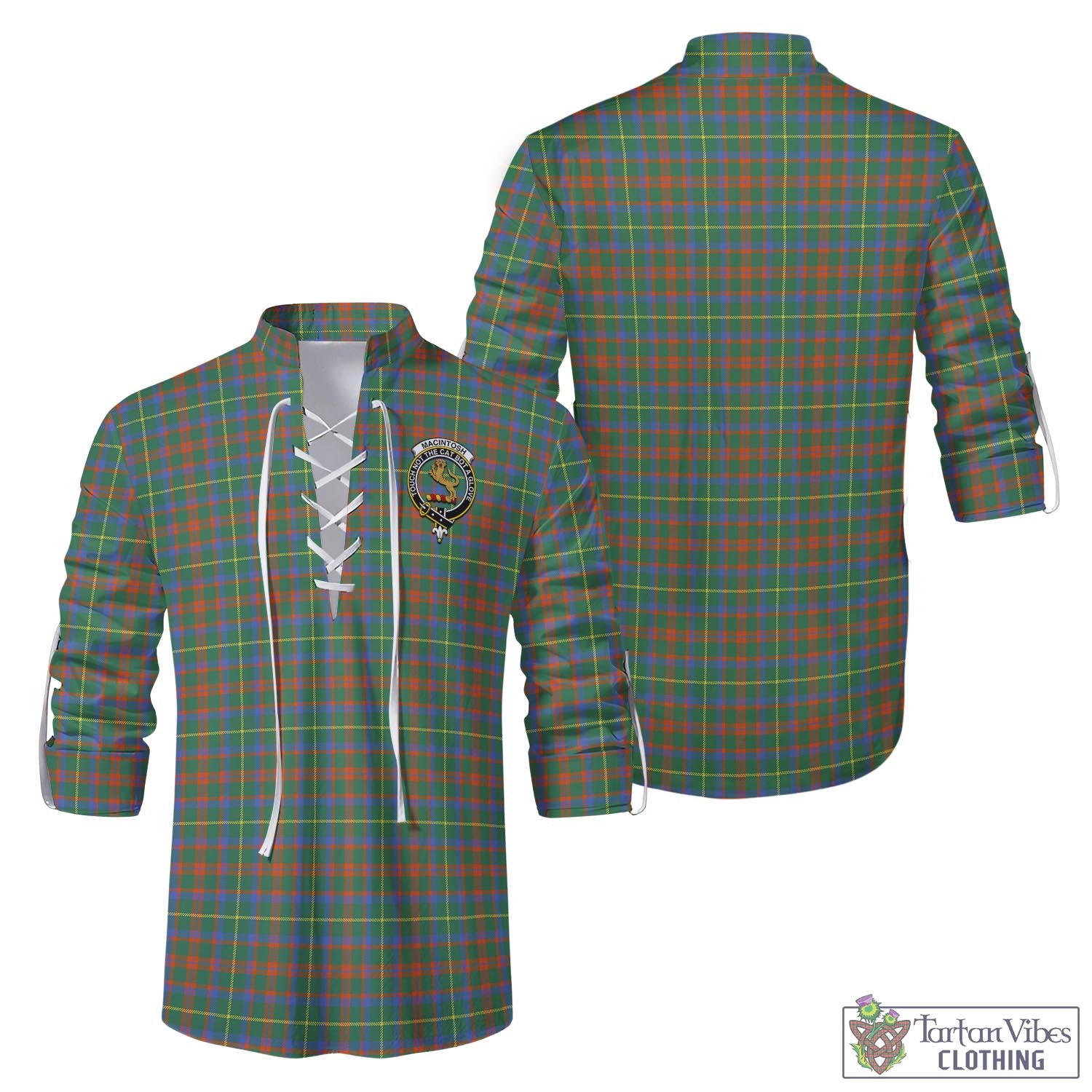 Tartan Vibes Clothing MacIntosh Hunting Ancient Tartan Men's Scottish Traditional Jacobite Ghillie Kilt Shirt with Family Crest