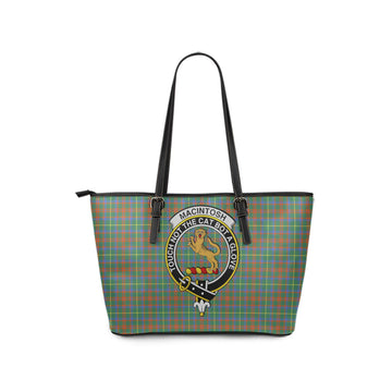 MacIntosh Hunting Ancient Tartan Leather Tote Bag with Family Crest