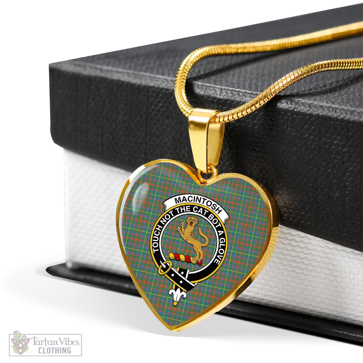 Tartan Vibes Clothing MacIntosh Hunting Ancient Tartan Heart Necklace with Family Crest