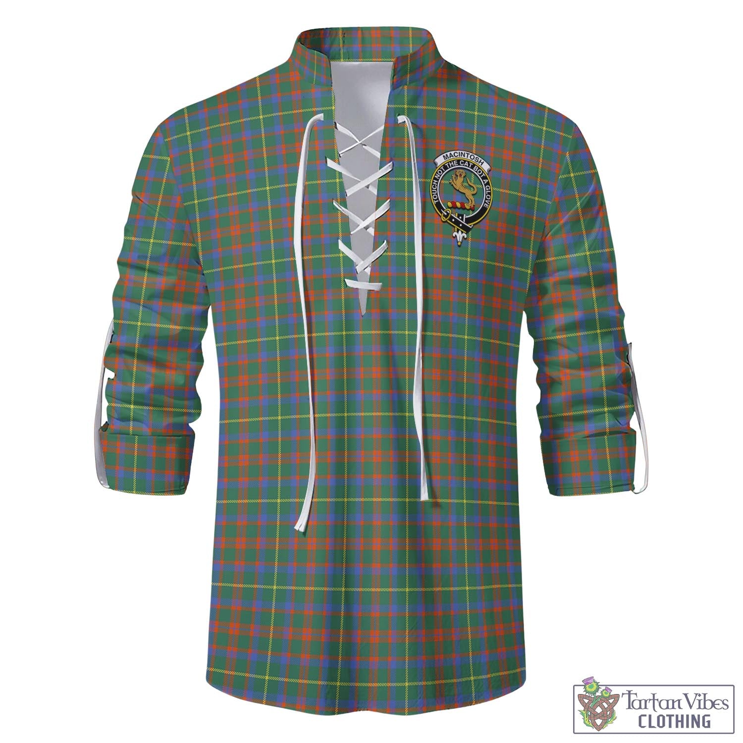 Tartan Vibes Clothing MacIntosh Hunting Ancient Tartan Men's Scottish Traditional Jacobite Ghillie Kilt Shirt with Family Crest