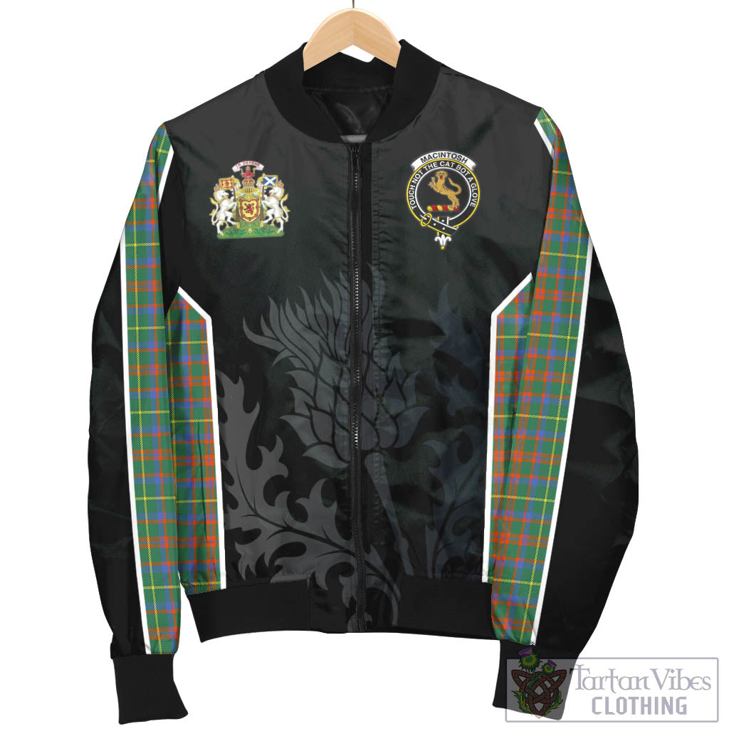Tartan Vibes Clothing MacIntosh Hunting Ancient Tartan Bomber Jacket with Family Crest and Scottish Thistle Vibes Sport Style