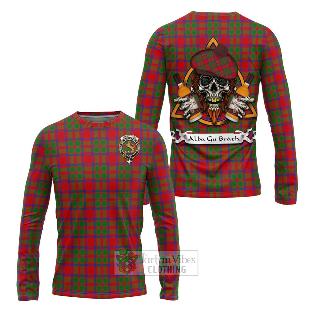 Tartan Vibes Clothing MacIntosh (McIntosh) Tartan Long Sleeve T-Shirt with Family Crest and Bearded Skull Holding Bottles of Whiskey