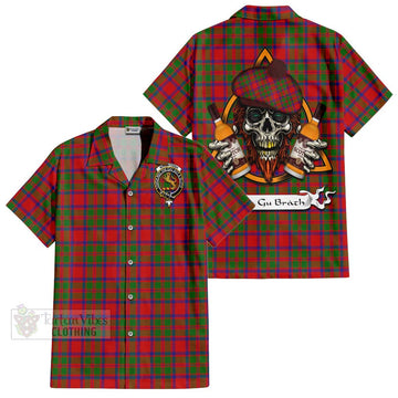 Tartan Vibes Clothing MacIntosh (McIntosh) Tartan Short Sleeve Button Shirt with Family Crest and Bearded Skull Holding Bottles of Whiskey