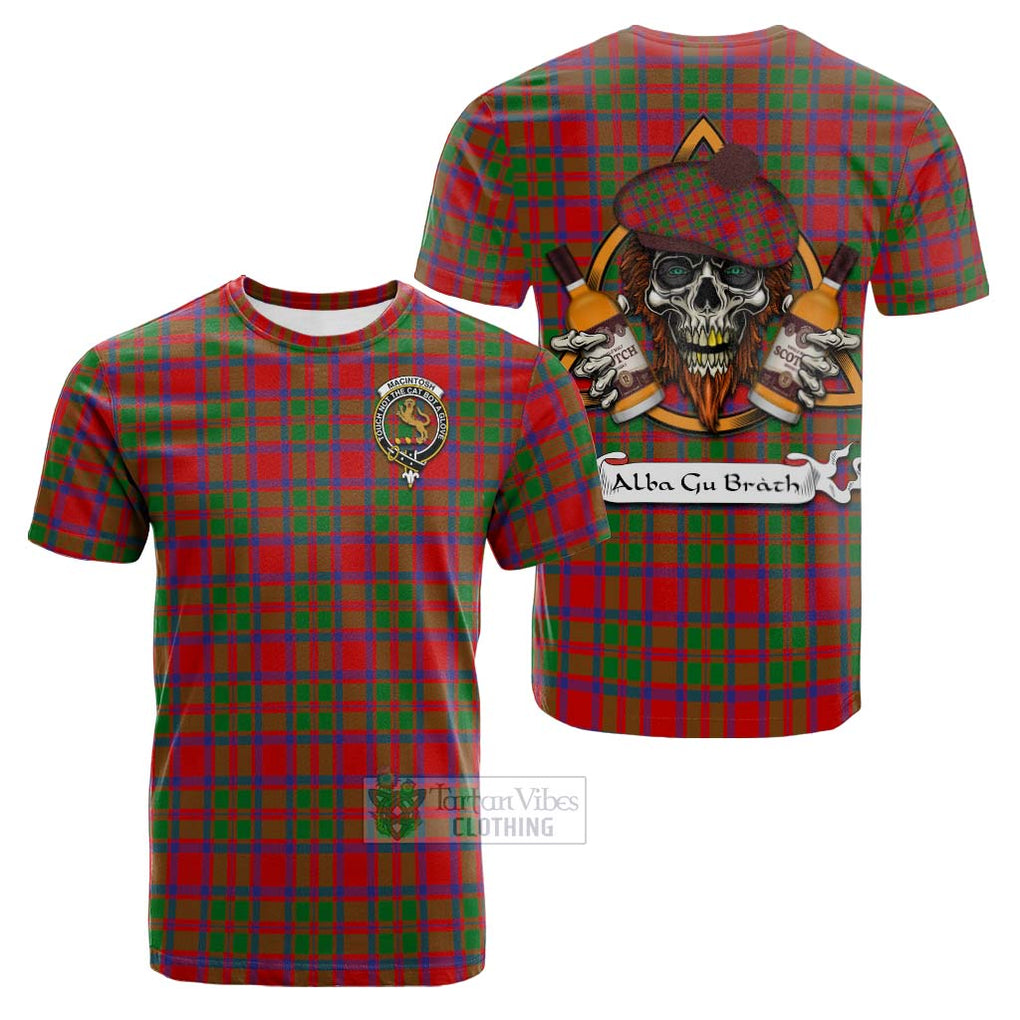 Tartan Vibes Clothing MacIntosh (McIntosh) Tartan Cotton T-shirt with Family Crest and Bearded Skull Holding Bottles of Whiskey