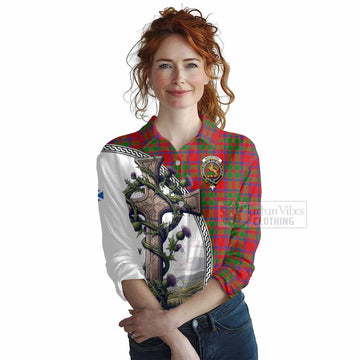 MacIntosh (McIntosh) Tartan Women's Casual Shirt with Family Crest and St. Andrew's Cross Accented by Thistle Vines Female - Tartan Vibes Clothing