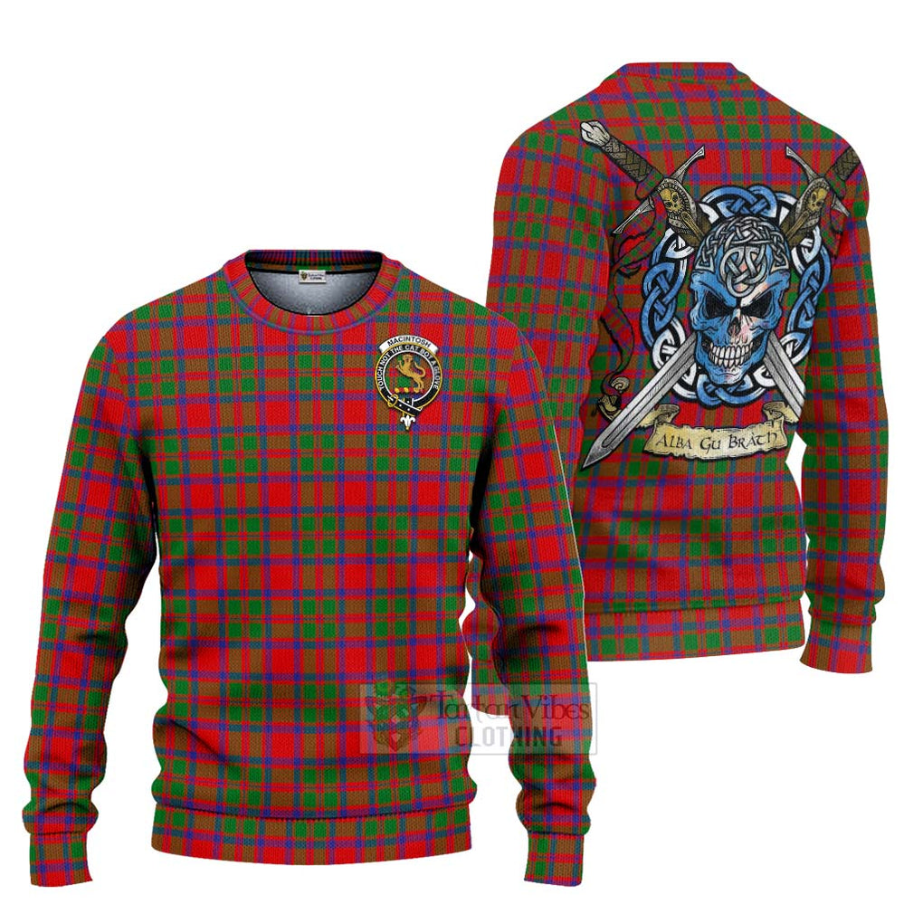 Tartan Vibes Clothing MacIntosh (McIntosh) Tartan Knitted Sweater with Family Crest Celtic Skull Style