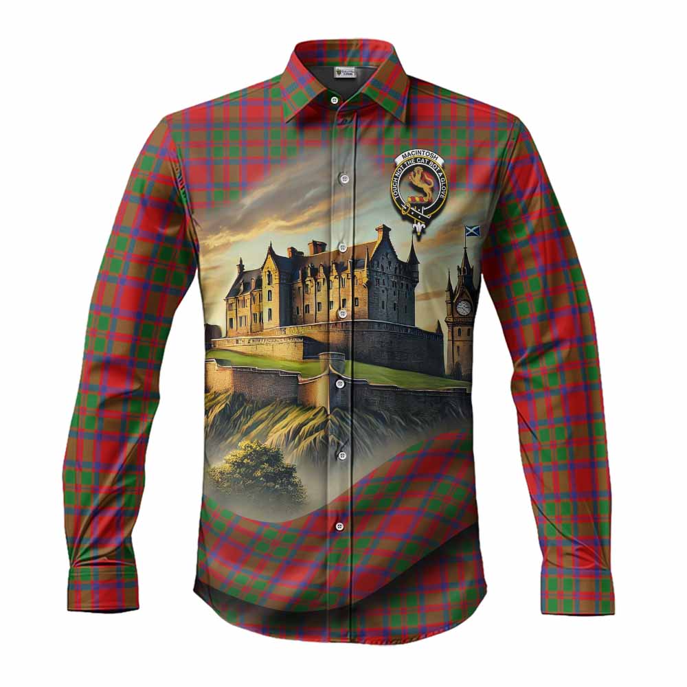 Tartan Vibes Clothing MacIntosh (McIntosh) Tartan Family Crest Long Sleeve Button Shirt with Scottish Ancient Castle Style