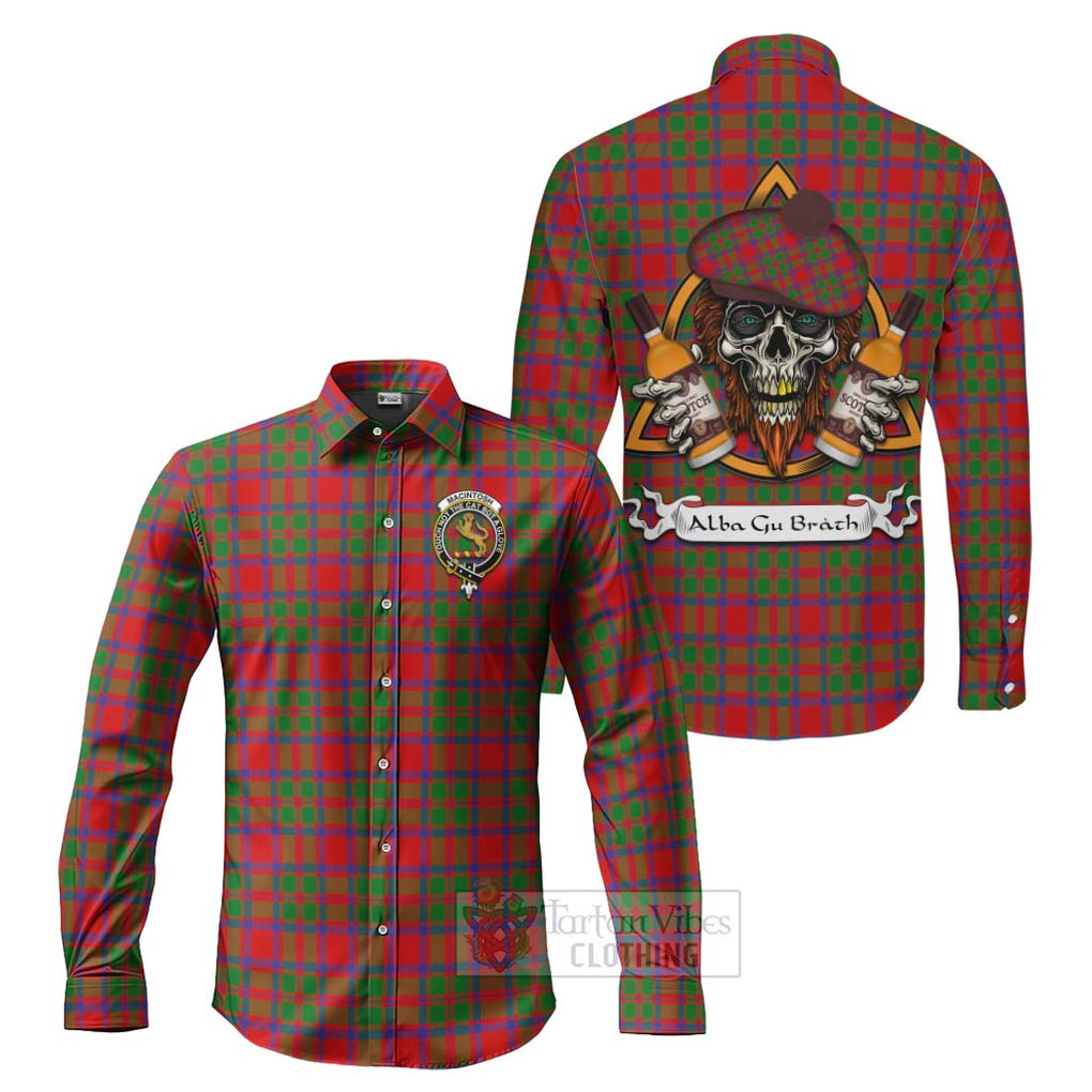 Tartan Vibes Clothing MacIntosh (McIntosh) Tartan Long Sleeve Button Shirt with Family Crest and Bearded Skull Holding Bottles of Whiskey