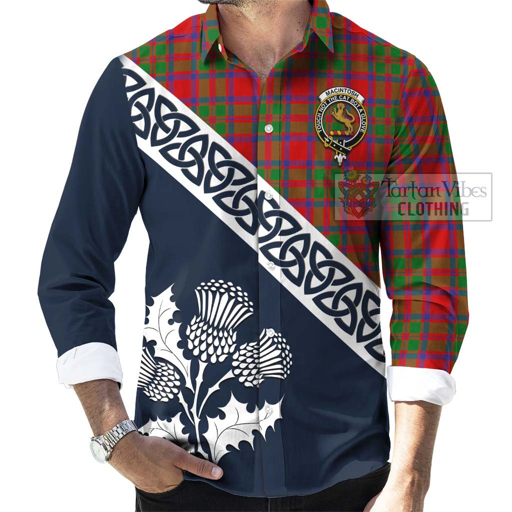 Tartan Vibes Clothing MacIntosh (McIntosh) Tartan Long Sleeve Button Shirt Featuring Thistle and Scotland Map