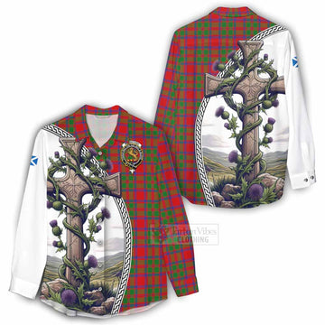 MacIntosh (McIntosh) Tartan Women's Casual Shirt with Family Crest and St. Andrew's Cross Accented by Thistle Vines - Tartan Vibes Clothing