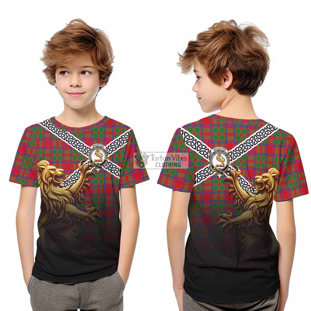 Tartan Vibes Clothing MacIntosh (McIntosh) Crest Tartan Kid T-Shirt with Golden Lion Emblem Celtic Style