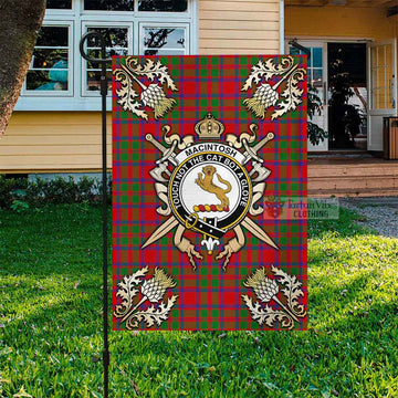 MacIntosh (McIntosh) Tartan Garden Flag with Family Crest and Golden Thistle Crossed Sword Design