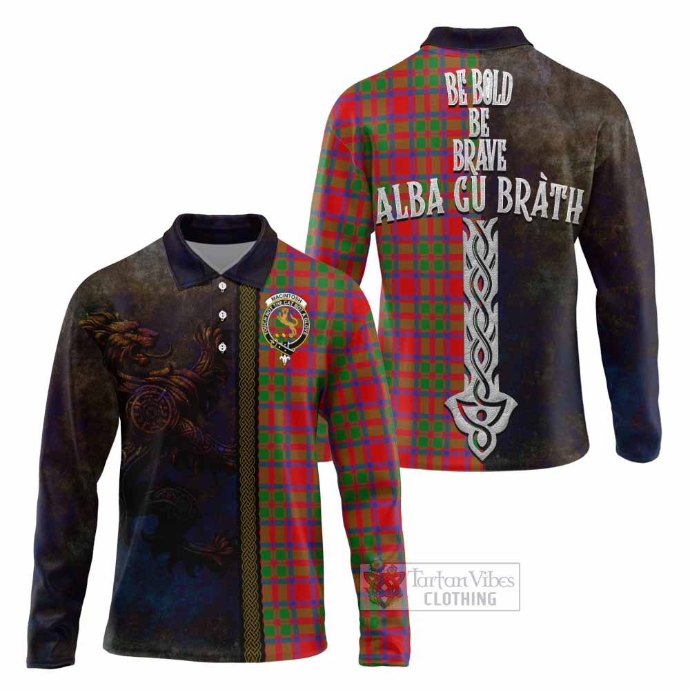 Tartan Vibes Clothing MacIntosh (McIntosh) Tartan Family Crest Long Sleeve Polo Shirt Alba Gu Brath Be Brave Lion Ancient Style