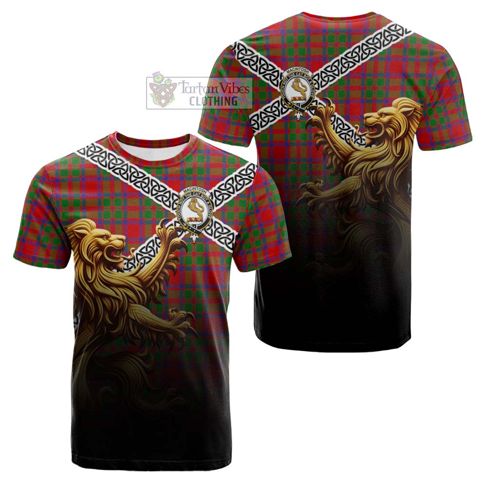 Tartan Vibes Clothing MacIntosh (McIntosh) Crest Tartan Cotton T-shirt with Golden Lion Emblem Celtic Style