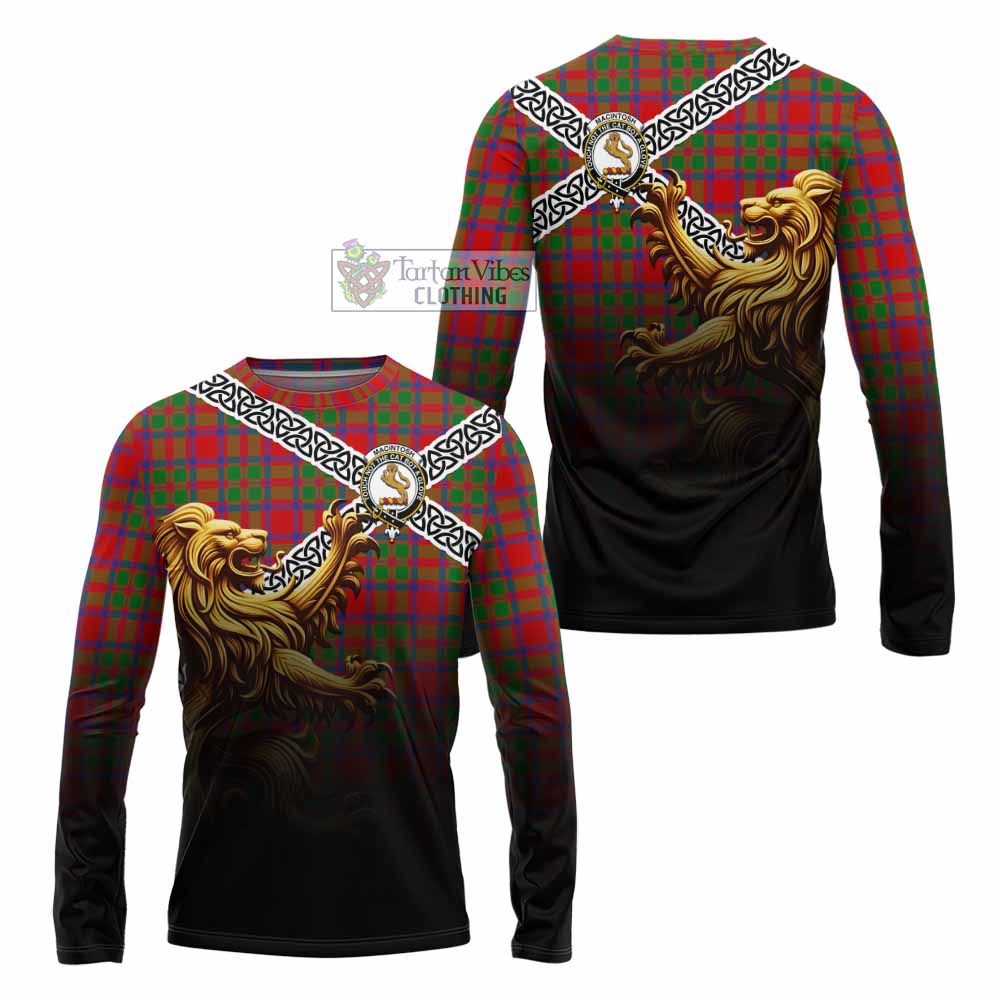 Tartan Vibes Clothing MacIntosh (McIntosh) Crest Tartan Long Sleeve T-Shirt with Golden Lion Emblem Celtic Style
