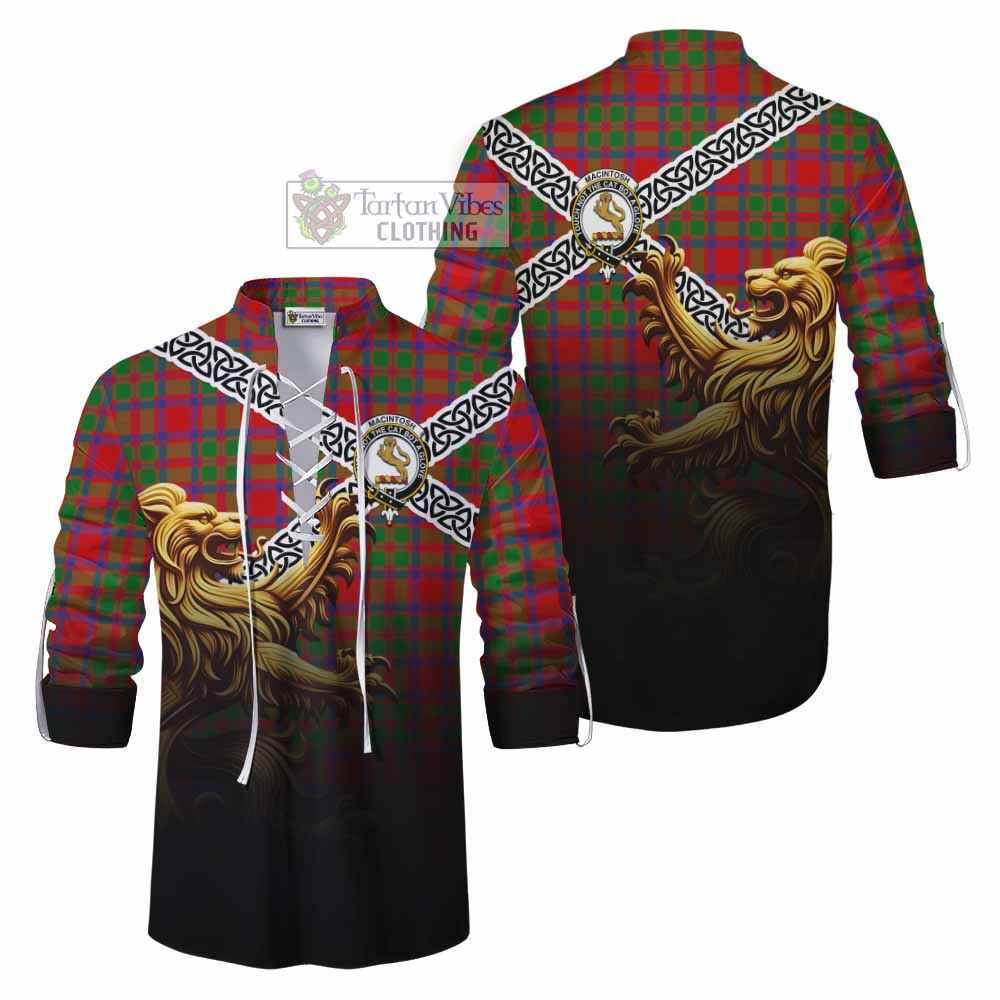 Tartan Vibes Clothing MacIntosh (McIntosh) Crest Tartan Ghillie Kilt Shirt with Golden Lion Emblem Celtic Style